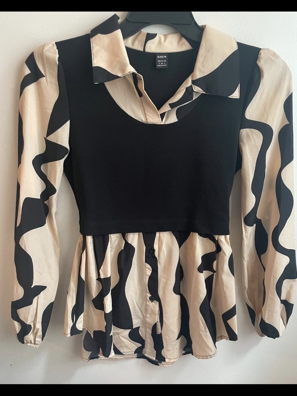SHEIN Black & Cream Layered Peplum Blouse